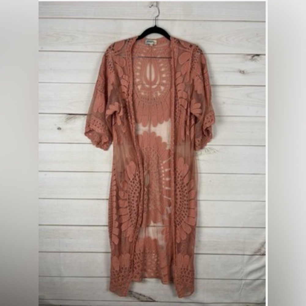Boho Crochet Long Duster - Dusty Rose